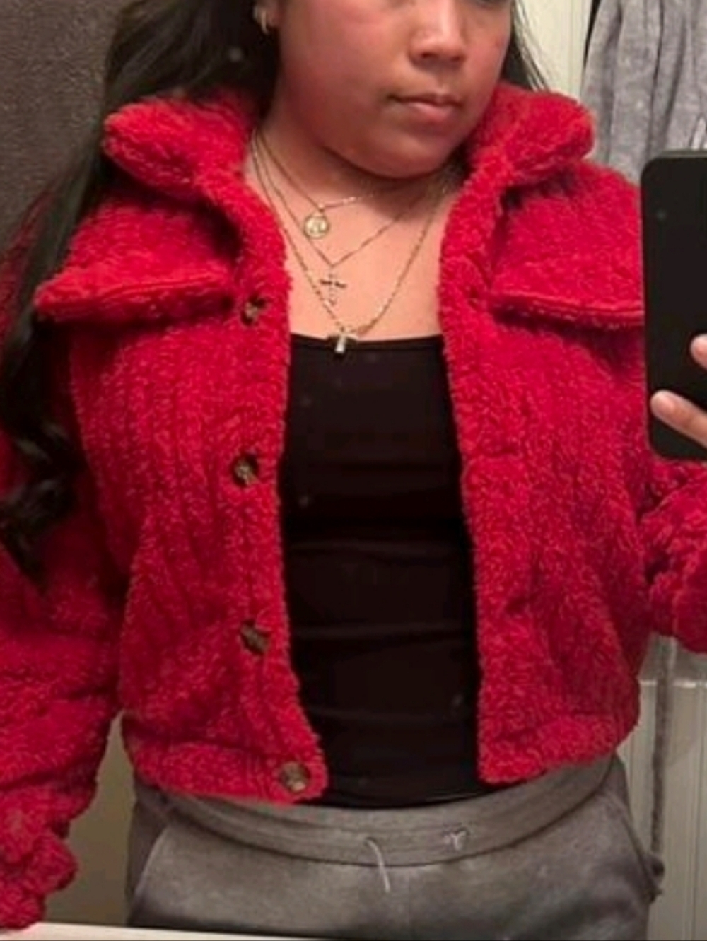 Red Plush Button-Front Jacket - Picture 5 of 6